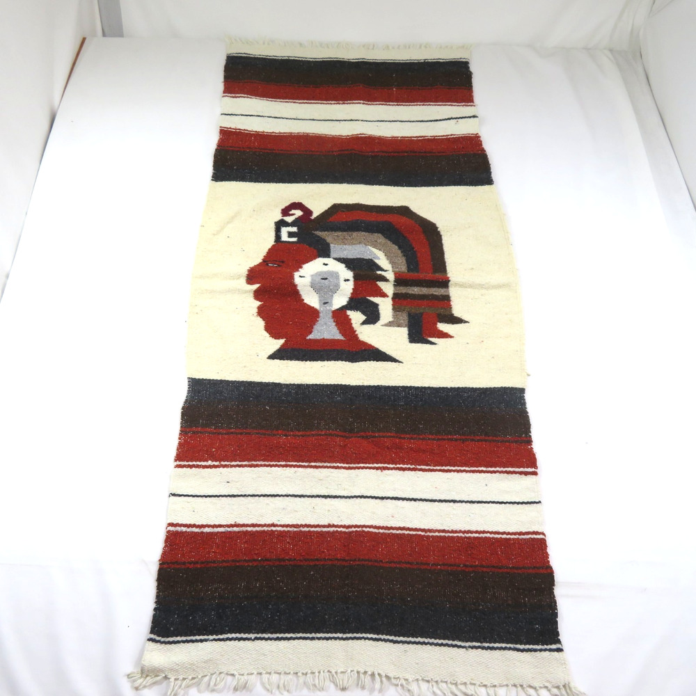 Mexican Style Woven Rug Wall Hanging- Aztec Chief Warrior 25 X 62 Vintage